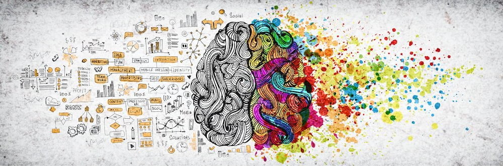 Illustration de cerveau avec des concepts et idées à gauche et des couleurs à droite